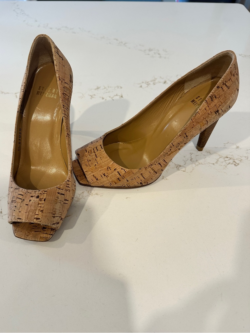 Stuart Weitzman Natural Cork Peep- Toe Pumps Size 35.5 EUR or 5.5/6 US